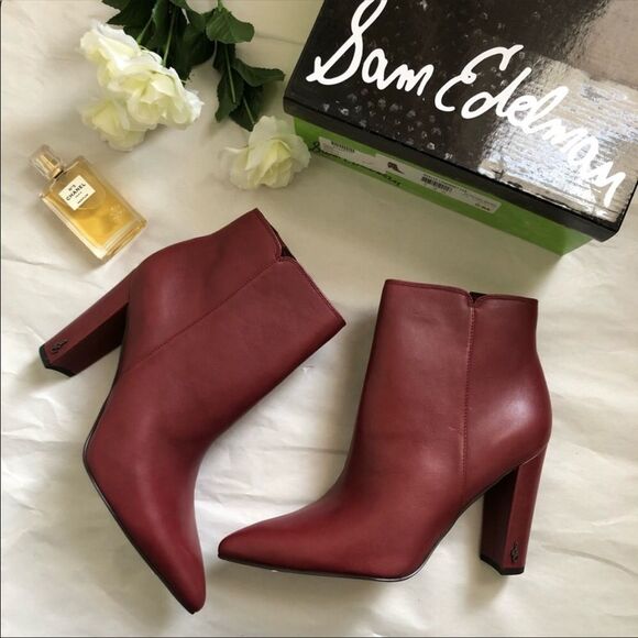 NEW Sam Edelman Raelle Pointy Toe Leather Bootie in Cabernet / Burgundy Size 7.5 - Picture 1 of 9